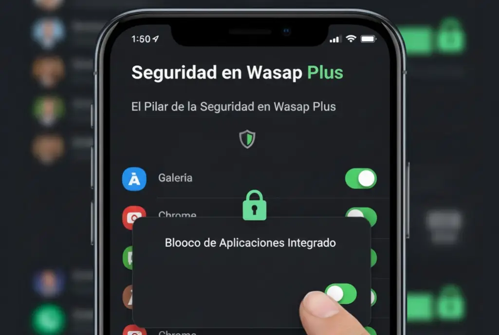 Menú de ajustes de seguridad en Wasap Plus con opciones de bloqueo de aplicaciones integrado.